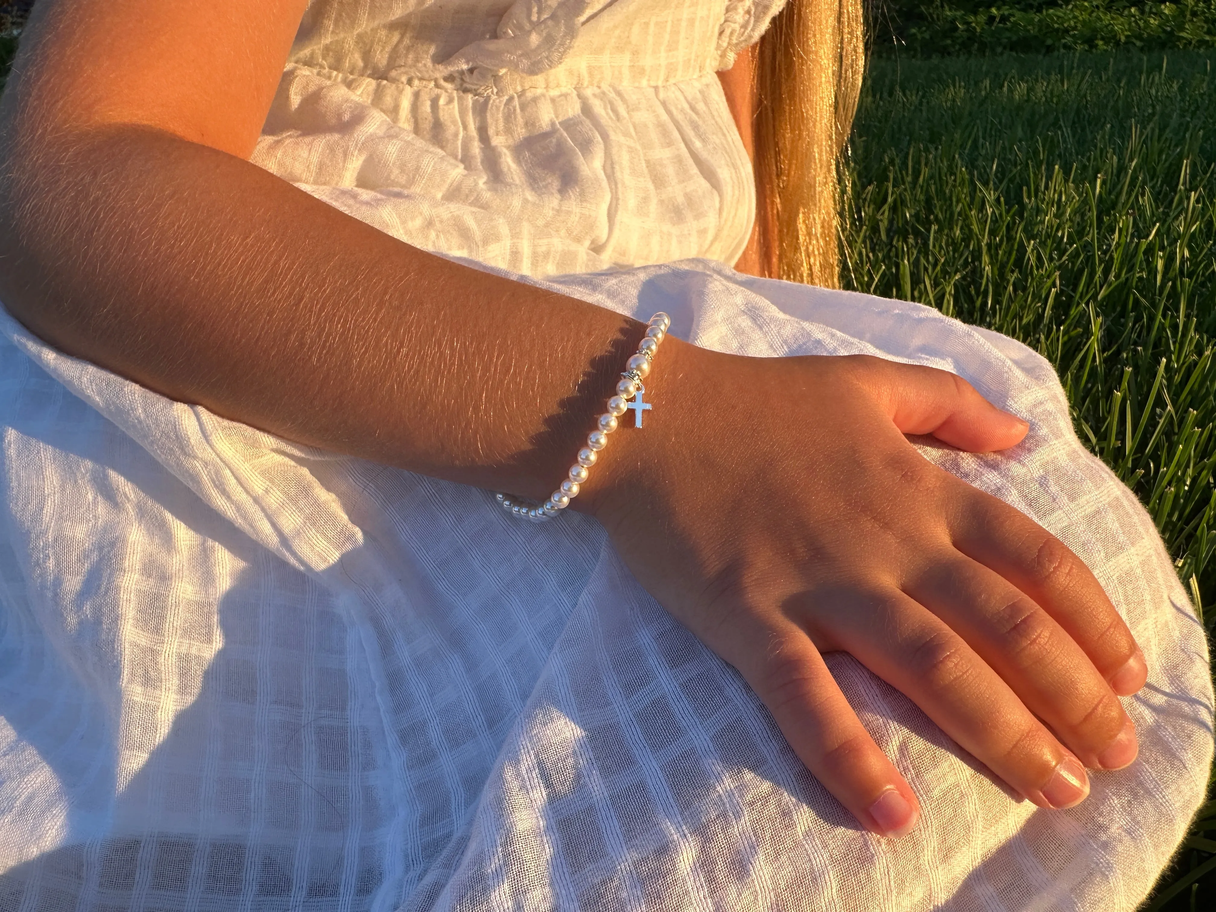 Toddler Baby White Pearl Bracelet Baptism & Christening Sterling Silver Cross Charm