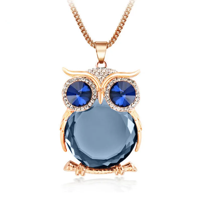 Trendy Owl Necklace Fashion Rhinestone Crystal Jewelry Statement Women Necklace Silver Chain Long Necklaces & Pendants