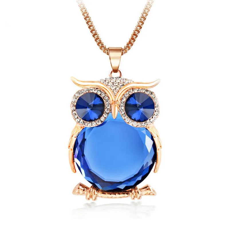 Trendy Owl Necklace Fashion Rhinestone Crystal Jewelry Statement Women Necklace Silver Chain Long Necklaces & Pendants